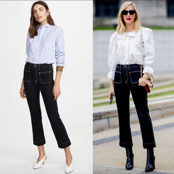 KHAITE Denim - Khaite Raquel High Rise Patch Pocket Flare Cropped Jeans - Black w/ White Stitch